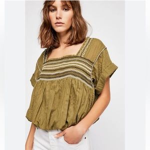 Free People Wandering Skies Cropped Embroidered Moss Green Blouse/Top, Size XS